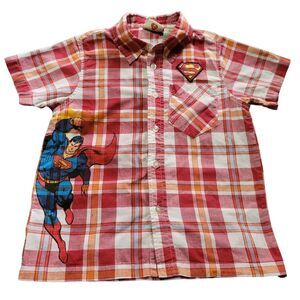 DC Superman Red Plaid Button Up Shirt Boys Size 6